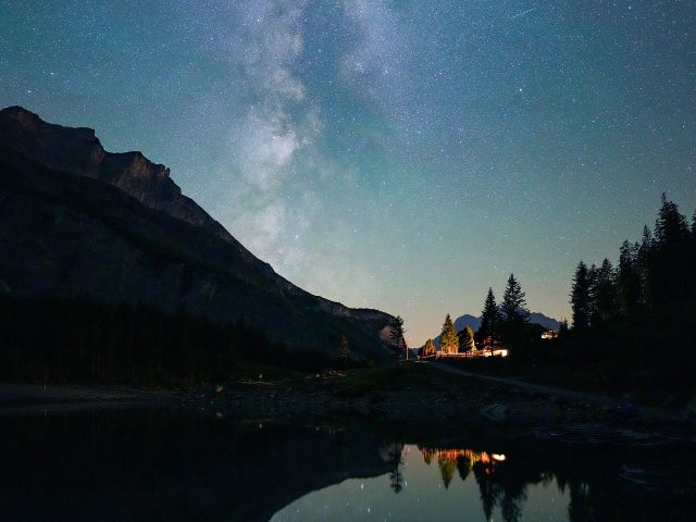 Milky Way reflected over a mountain lake at night